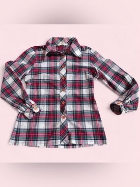 Campus Casuals Women’s Vintage Plaid Button-Up Shirt Red White Preppy Pinup Sz S